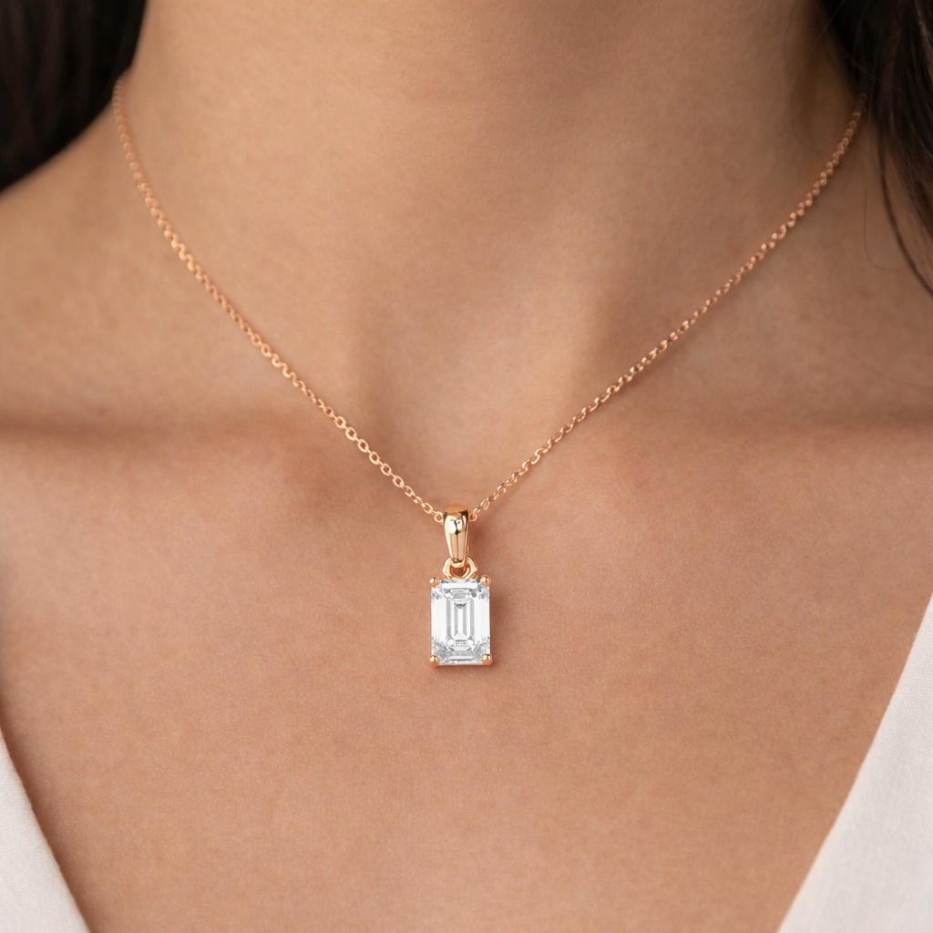 Emerald Cut Diamond Pendant Necklace in 14K & 18K Gold | White, Yellow & Rose Gold Solitaire Pendant