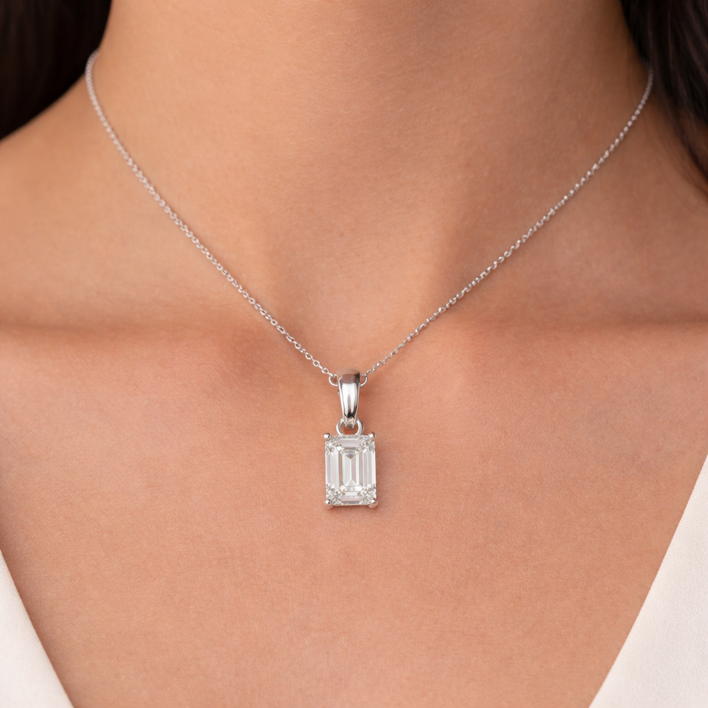 Emerald Cut Diamond Pendant Necklace in 14K & 18K Gold | White, Yellow & Rose Gold Solitaire Pendant